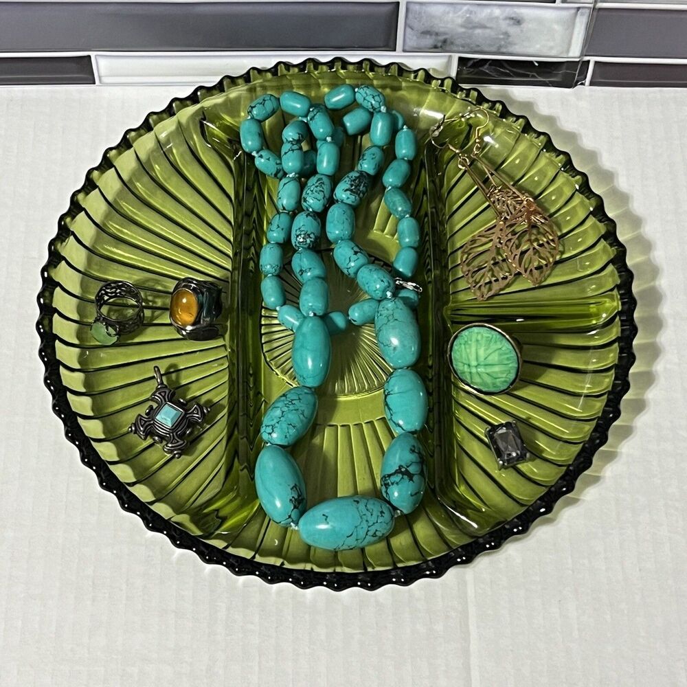 VINTAGE Indiana Glass Co. Green Relish Dish Trinket Snack Tray Catchall MCM